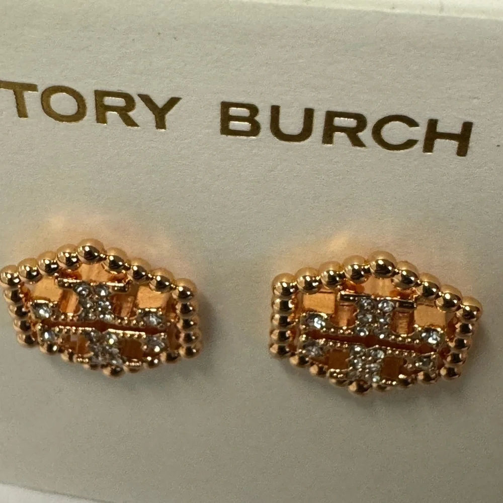 Tory Burch New Milgrain Hex Pavé Rose Gold Stud Earrings